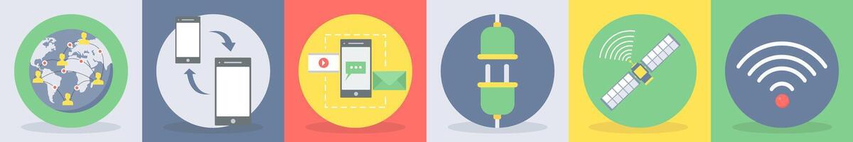 Six communication icons as global connection, data transfer vector
