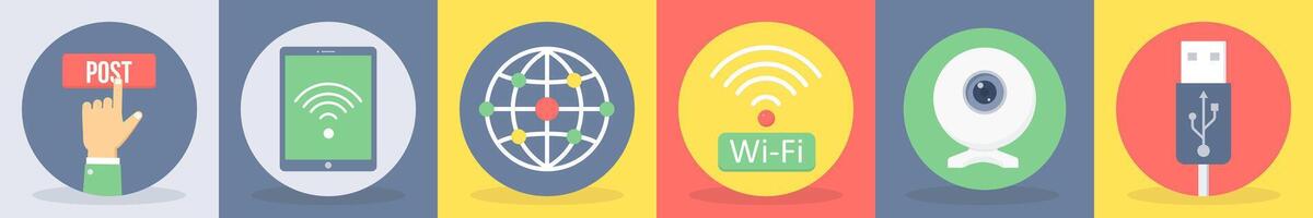 Six communication icons as post, tablet, global connection vector
