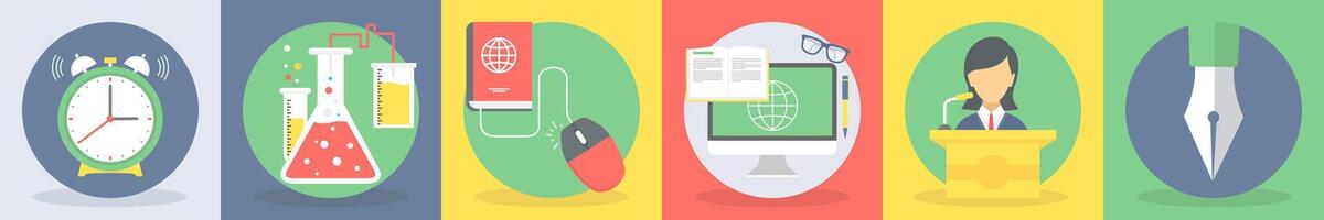 Six education icons as alarm, laboratory, e-learning vector