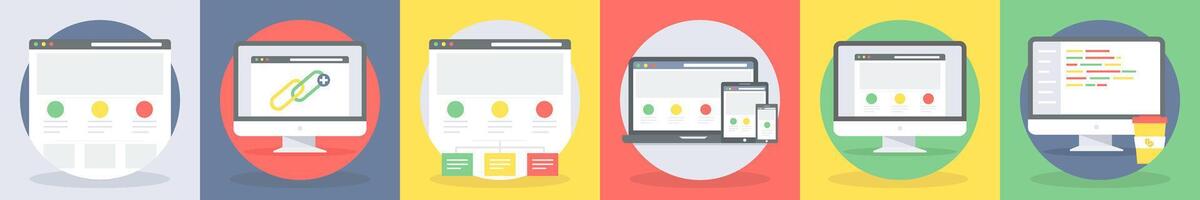 5 round seo icons as webpage, weblink, site map vector