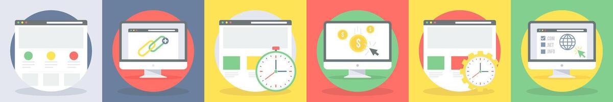 Six seo icons as webpage, web link, web speedometer vector