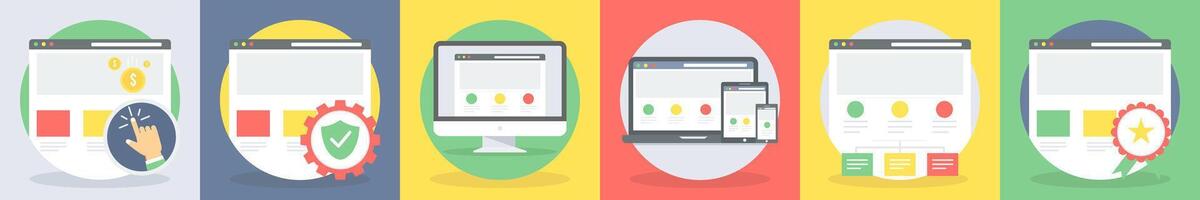 5 round seo icons as pay per click, secured page vector
