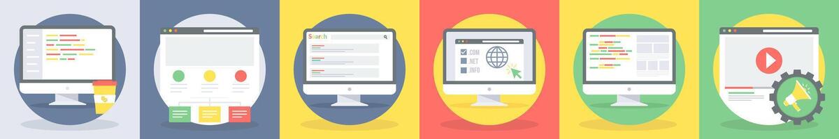 Six seo icons as code, codin, website vector