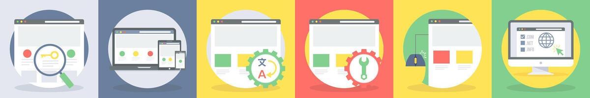 5 round seo icons as webpage, responsive web vector