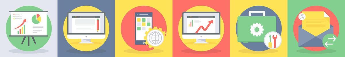 5 round seo icons as report graph, web content vector