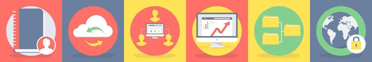 5 round seo icons as contacts, cloud synchronization vector