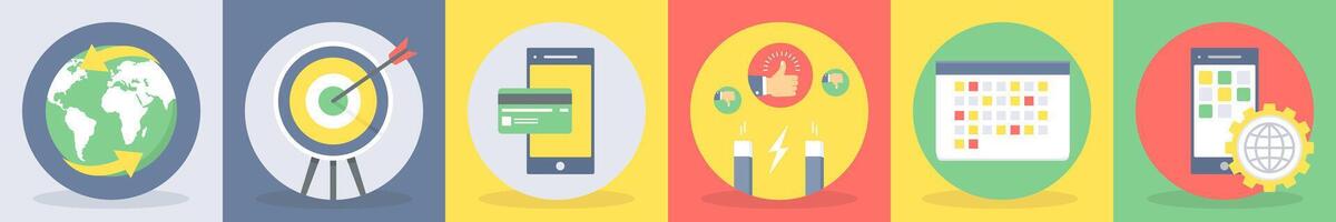 5 round seo icons as global transfer, target vector