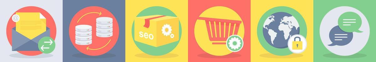 5 round seo icons as mail transfer, data transfer vector