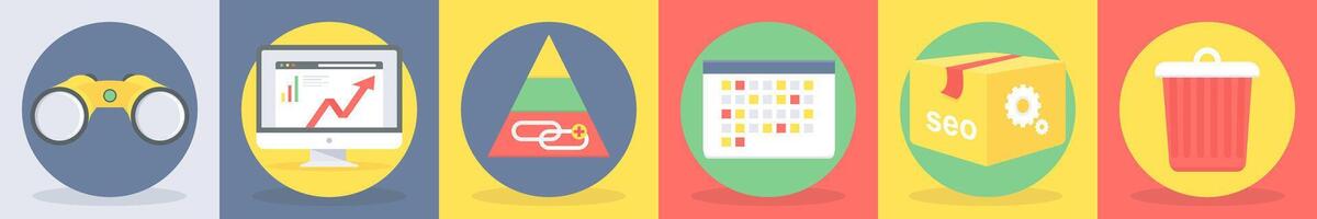 5 round seo icons as binoculars, web analysis vector
