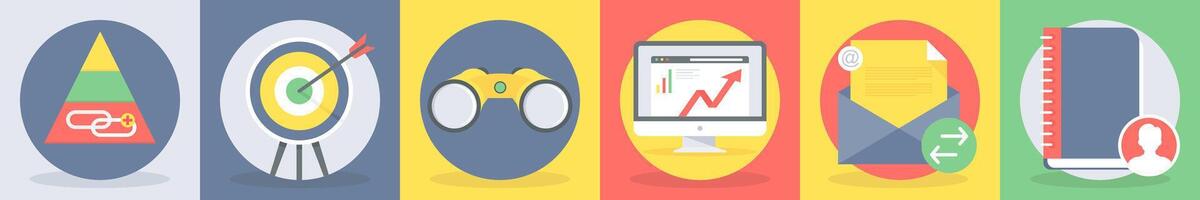 5 round seo and development icons such as link, target, mission vector