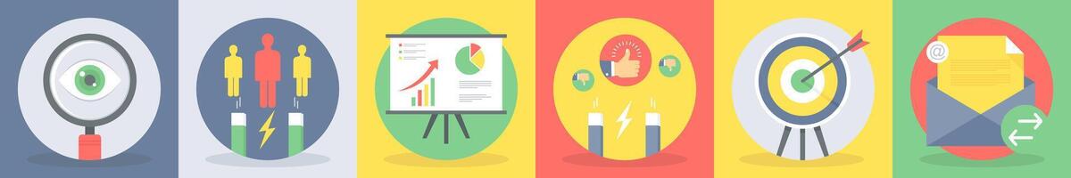 5 round seo and development icons such as vision, attract customers vector