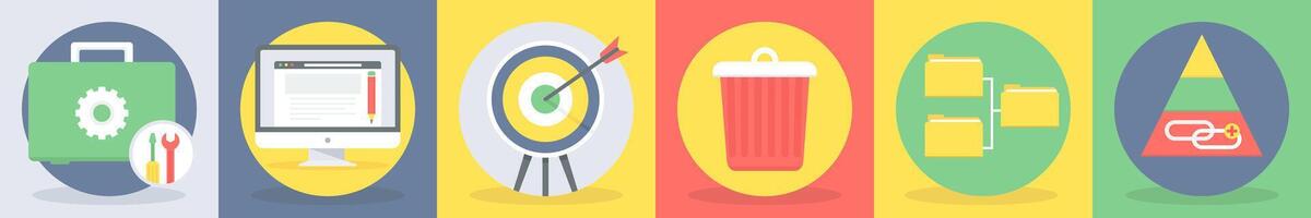5 round seo and development icons such as repair box, web content vector