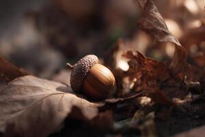 An acorn sitting on the ground photo
