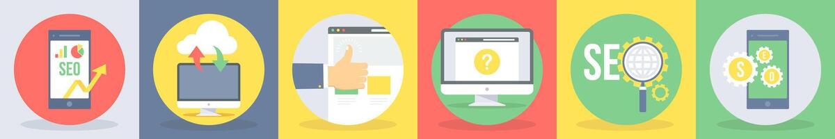 5 round seo and development icons such as seo marketing, download upload vector
