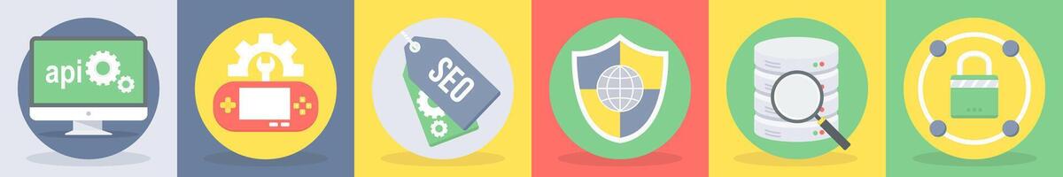 5 round seo and development icons such as api, game development vector
