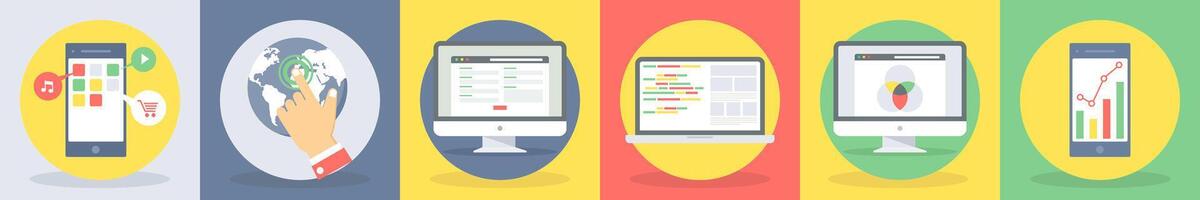 5 round seo and development icons such as mobile application, connect world vector