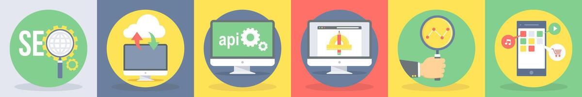 5 round seo and development icons such as seo, download upload vector