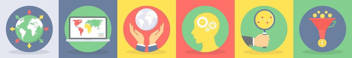5 round seo and development icons such as global networking, map vector