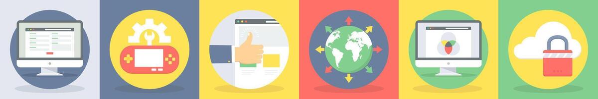 5 round seo and development icons such as online details, game development vector