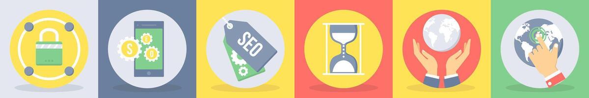 5 round seo and development icons such as protection, mobile seo vector