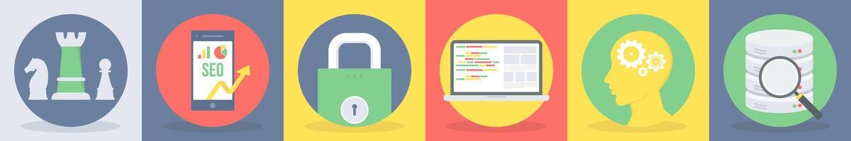 5 round seo and development icons such as strategy, seo marketing vector