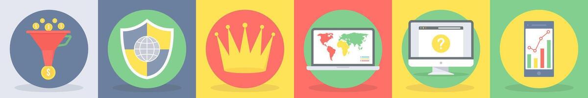 5 round seo and development icons such as filter money, security vector