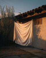 A white sheet hanging on a clothesline in front of a house photo