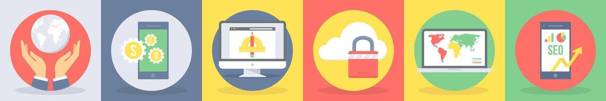 5 round seo and development icons such as global, mobile seo vector