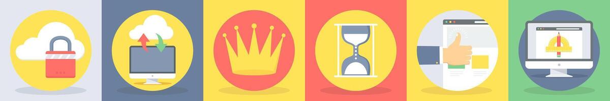 5 round seo and development icons such as cloud security, download upload vector