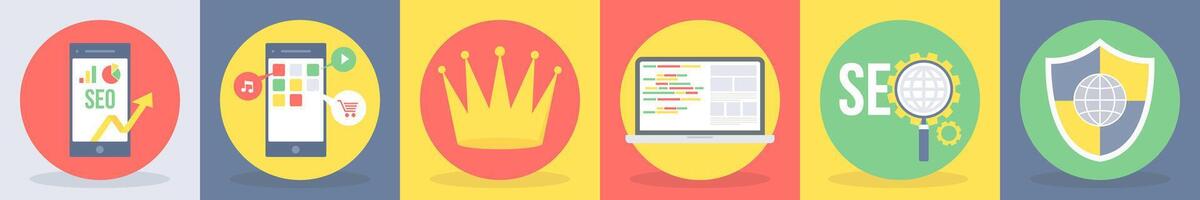 5 round seo and development icons such as seo marketing, mobile application vector