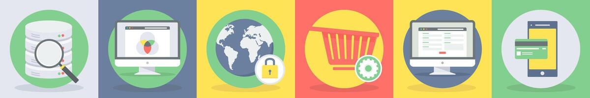 5 round seo and development icons such as data search, graphics vector