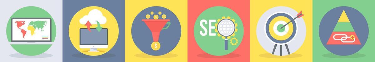5 round seo and development icons such as map, download upload vector