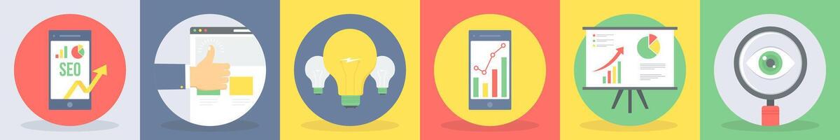 5 round seo and development icons such as seo marketing, best page vector