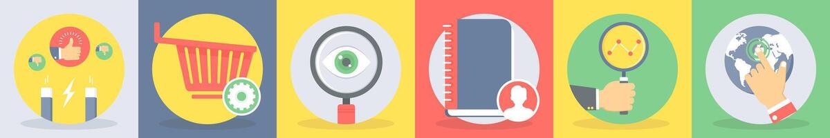 5 round seo and development icons such as like, shopping cart, trolley vector