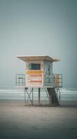 A lifeguard tower on the beach with fog in the background photo