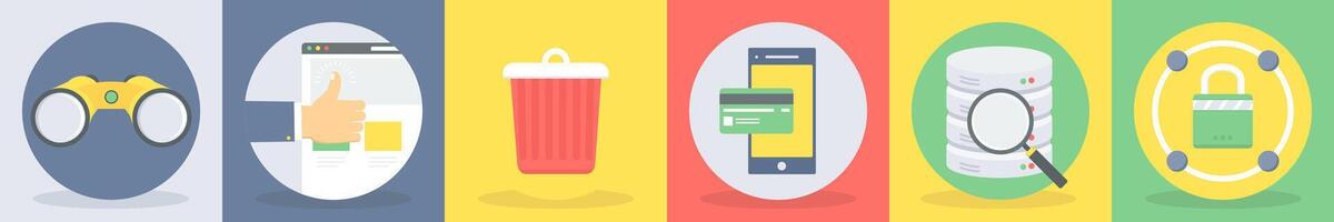 5 round seo and development icons such as binoculars, best page vector
