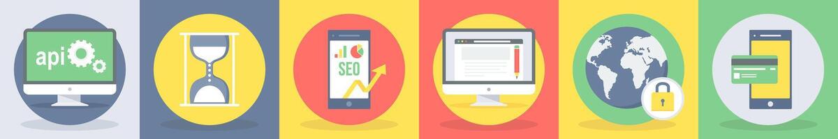 5 round seo and development icons such as api, hourglass, sand glass vector