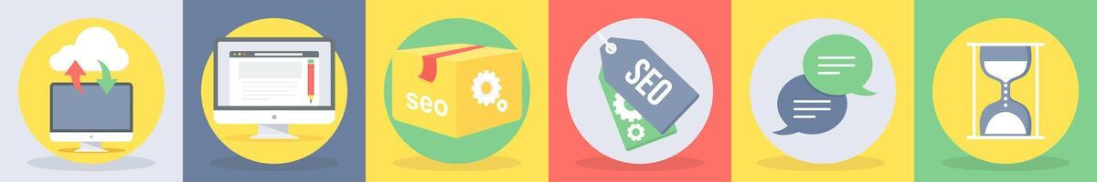 5 round seo and development icons such as download upload, web content vector