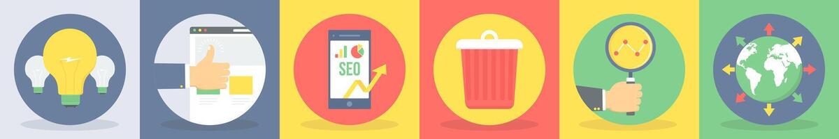 5 round seo and development icons such as idea, innovation, best page vector