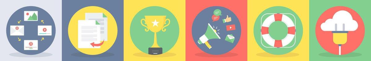 Six seo icons as content, duplicate content, trophy vector