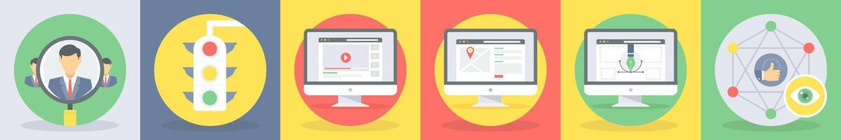 5 round seo and development icons such as search customer, traffic vector