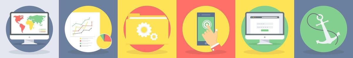 5 round seo and development icons such as map, graph, report vector