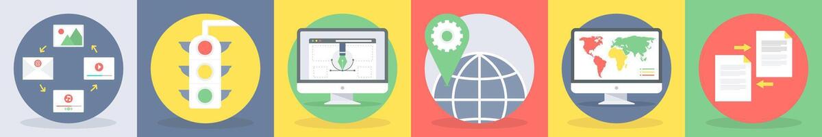 5 round seo and development icons such as content, traffic, web design vector