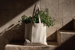 A bag with a plant sitting on it photo