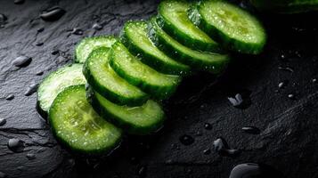 Sliced cucumbers on a black surface photo