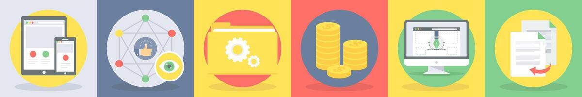 5 round seo and development icons such as responsive design, likes vector