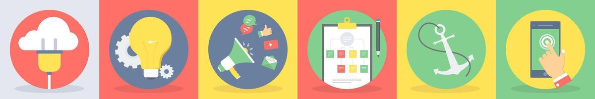 5 round seo and development icons such as cloud connection, creative idea vector