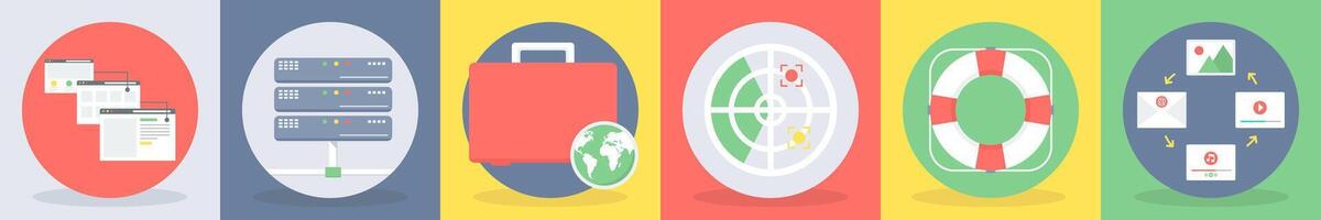 5 round seo and development icons such as interface, server, database vector