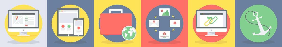 5 round seo and development icons such as gps, responsive design vector