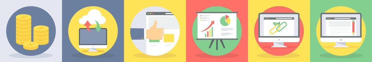5 round seo and development icons such as financial, download upload vector